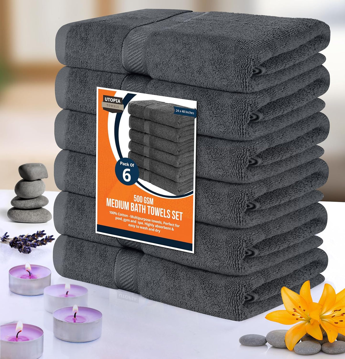 utopia towels 6 pack medium bath towels, 24x48, package contents