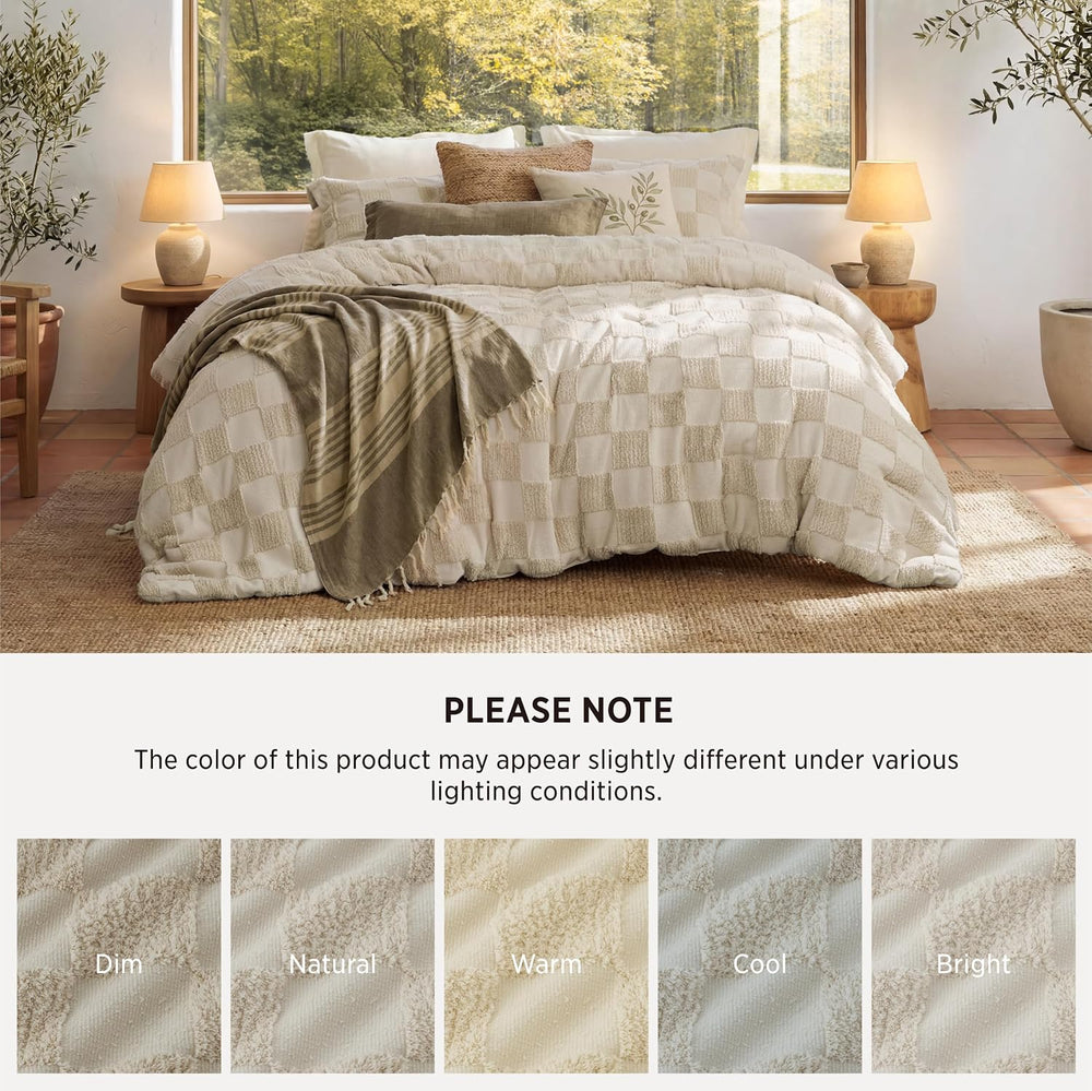 Bedsure Comforters Queen Set Boho, Vintage Plaid Bedding Set Beige 3 Pcs