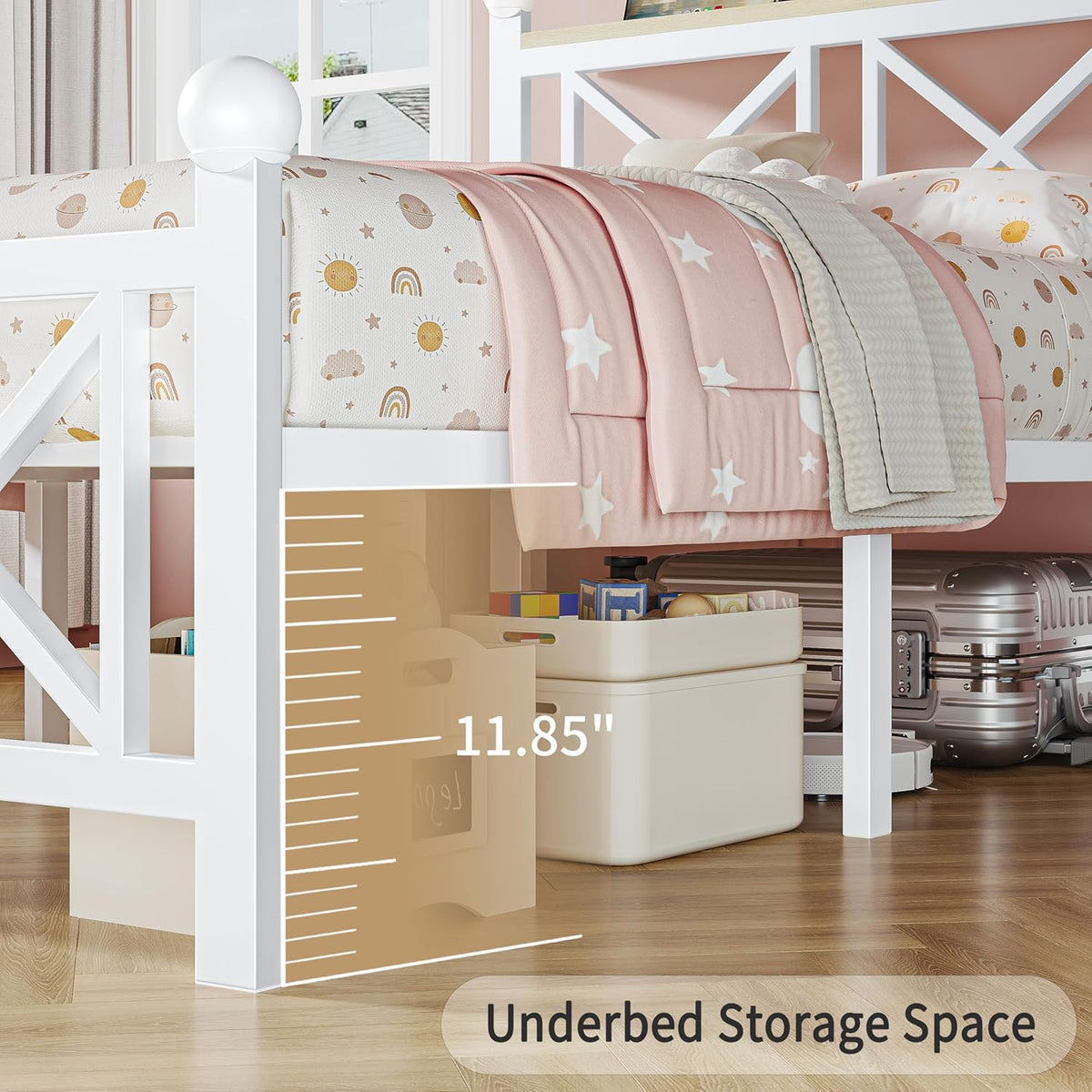 dynjest twin white bed frame with headboard and, front angle view