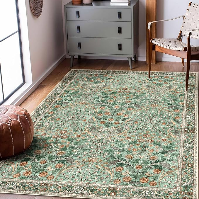 MUJOO 3x5 Green Rug Washable, Floral Area Rug - Image 4