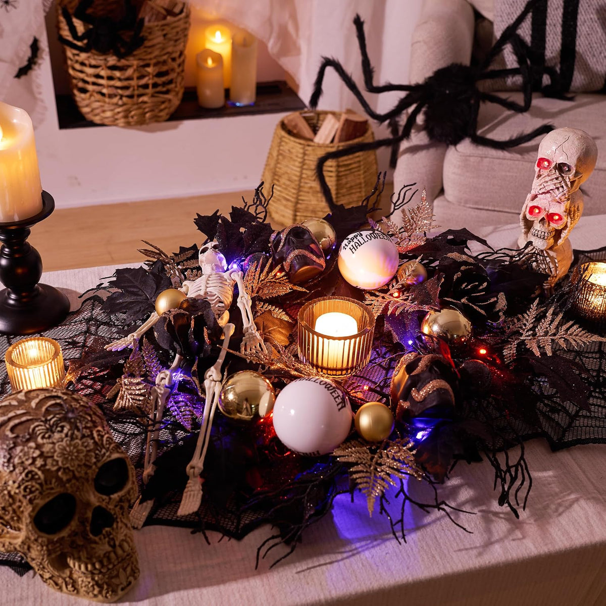 DecorbyHannah 24'' Skeleton Halloween Wreath with Lights for Front Door