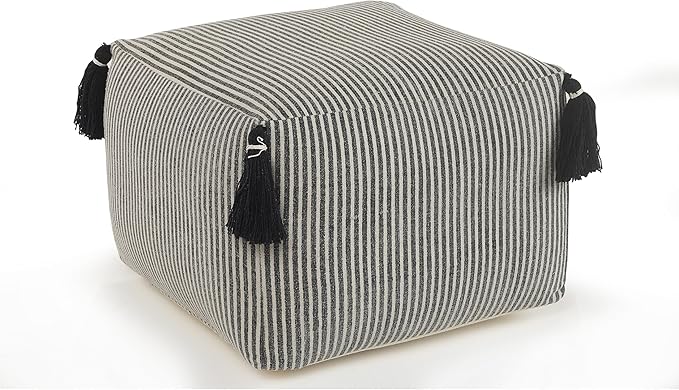 LR Home Handmade Contemporary Striped Gray/Ivory Cotton Pouf Ottoman - Image 3