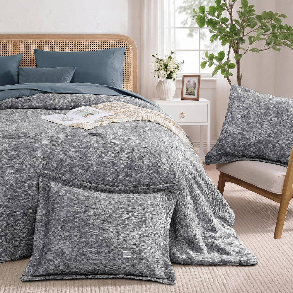MaiRêve King Size Comforter Set Crinkle Textured Navy Bedding Set 7 Pieces