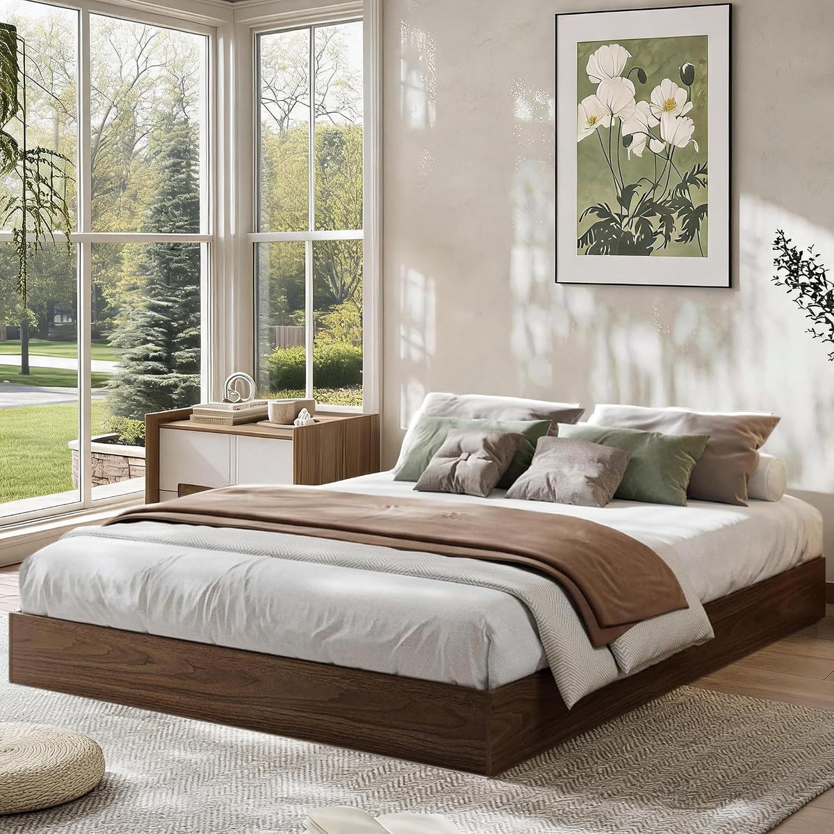 queen bed frame, wood platform bed with sturdy, main product view