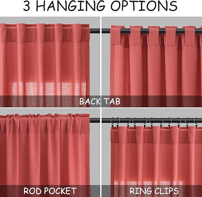 Nanspring Linen Curtains 102 Inches Long 2 Panels, Watermelon Red - Image 3
