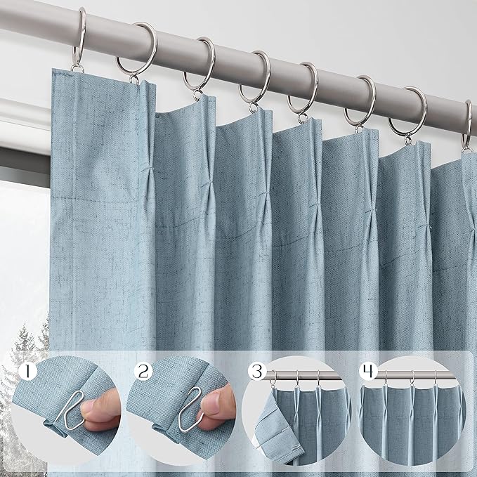 Blue 100% Blackout Pinch Pleated Linen Curtains 108 Inches Long - Image 3