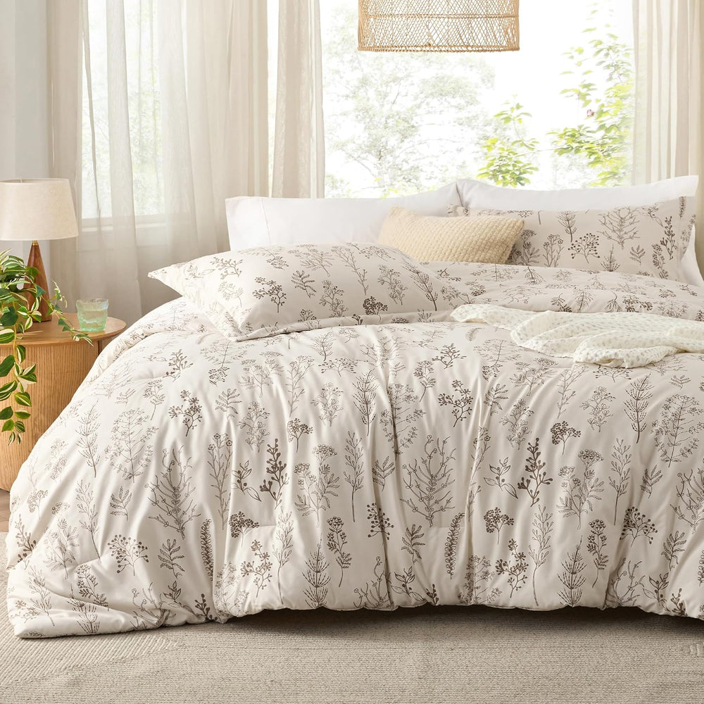 Bedsure Floral Comforter Set Cute Bedding Set Queen Reversible Beige