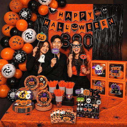 UJoyant 323PCS Halloween Party Decorations Set for 25 Guests, Orange Purple Tableware, 4 Balloon Boxes with 12 Custom-Designed Halloween Panels, Backdrop, Balloons and Photo Booth Props