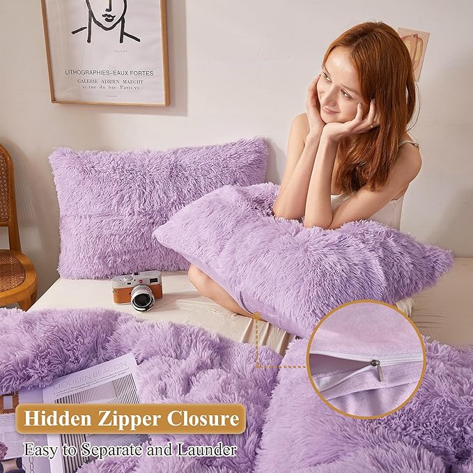 XeGe Faux Fur Lavender Throw Pillow Covers, Shaggy Fluffy Cushion Covers - Image 3