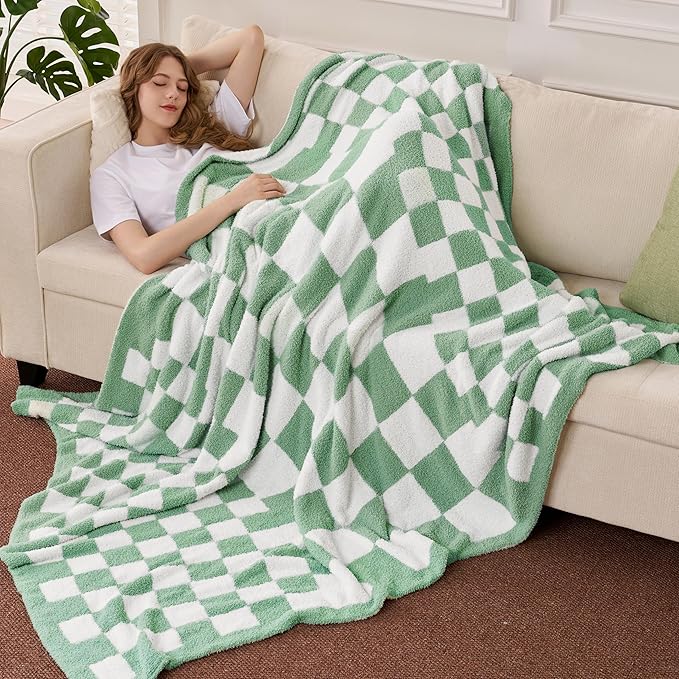 Joiedomi Twin Blanket for Couch, Sage Green Checkered Knitted Blankets Gifts - Image 4