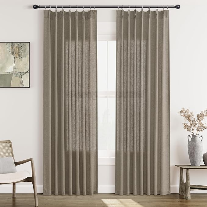 Mocha Pinch Pleat Linen Curtains 84 Inch Length 2 Panels Set by Aersas