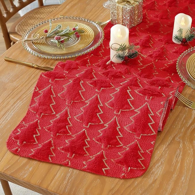 Christmas Trees Red Soft Plush Faux Fur Jacquard Gold Sequin Glitter Christmas - Image 4