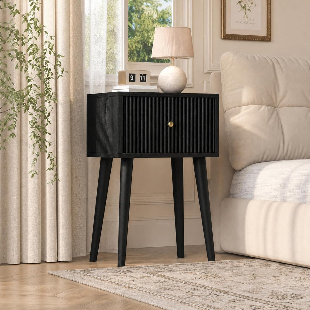 Akxomel Small Nightstand Set 2 Fluted Wooden Nightstands Wood Legs Black