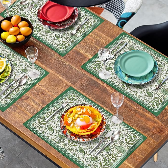 Green Floral Boho Placemats Set of 4, 12x18 Inch Vintage Chinoiserie Block - Image 6