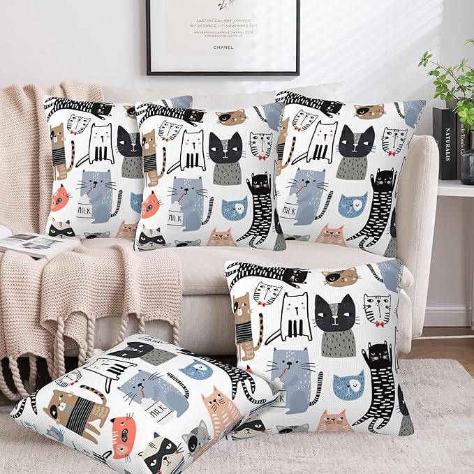 Throw Pillow Cover Case Funny Cats Pillow Covers 16x16 Inch Set of 2, Soft - Image 6