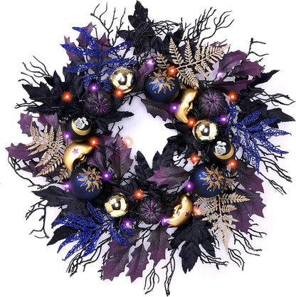 DecorbyHannah 24'' Pumpkins Halloween Wreath with Lights for Front Door