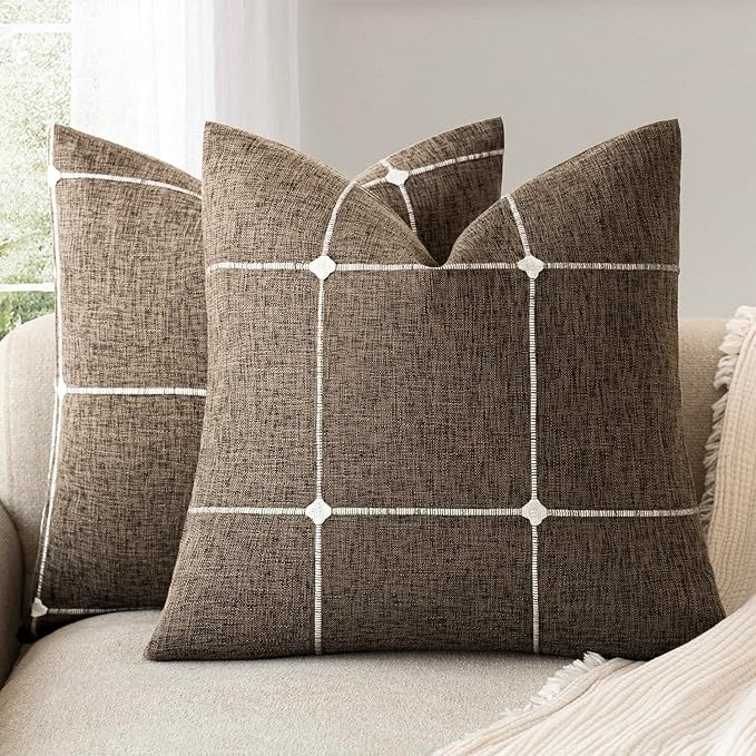 Foindtower Pack of 2 Decorative Faux Linen Jacquard Check Throw Pillow Covers by Foindtower