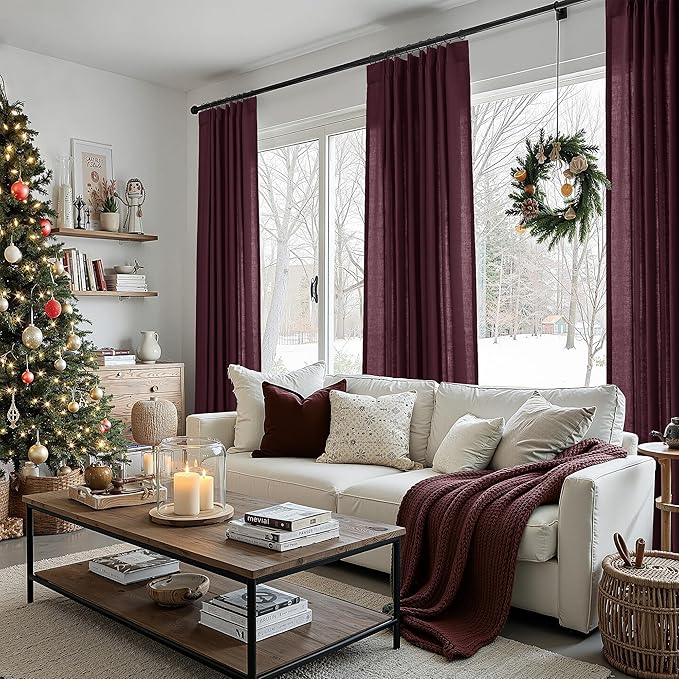 Burgundy Pinch Pleated Linen Curtains 84 Inch Length 2 Panels - Image 2