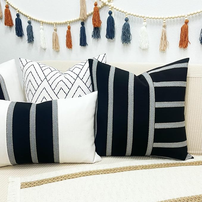 Slow Cow Linen Black and Off White Patchwork Stripe Throw Pillow Cover Cushion - Image 7