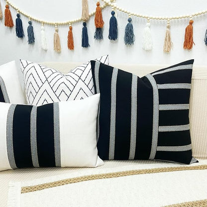 Slow Cow Linen Black and Off White Patchwork Stripe Throw Pillow Cover Cushion - Image 7
