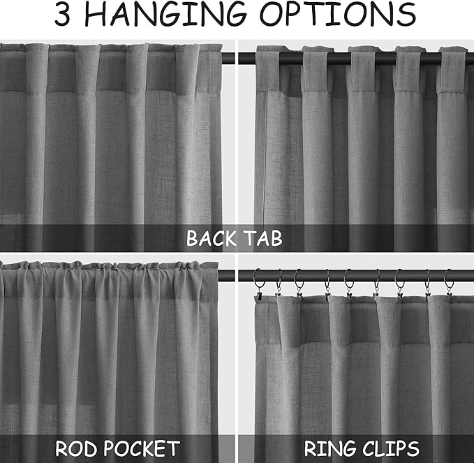 Dark Gery Linen Extra Long Curtain 108 Inches Long 2 Panels Set Back Tab Drapes - Image 2