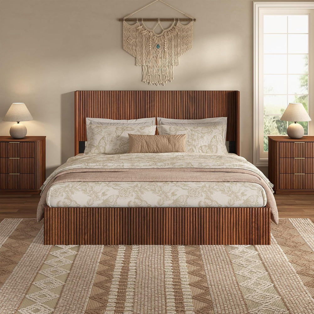 VMU Fluted Queen Size Platform Bed Frame with Lift up Storage