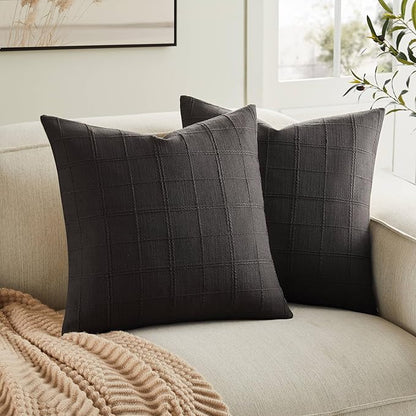 ZeeMart Linen Checked Throw Pillow Covers Set of 2, 16x16 Inch Charcoal/Cream by ZEEMARTONLINE