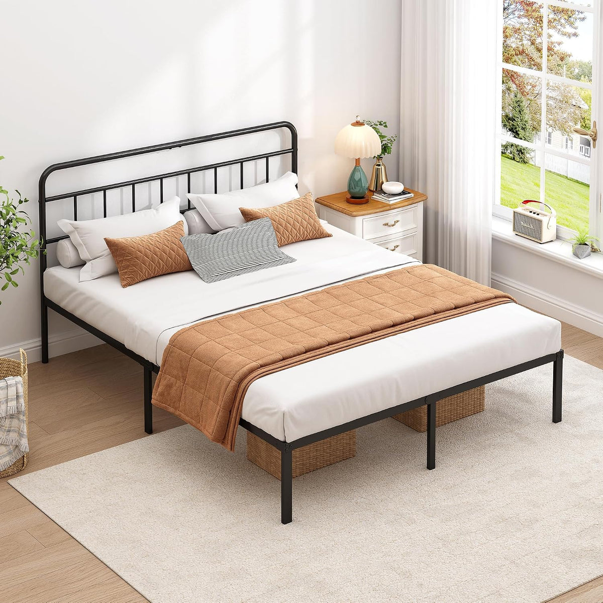 queen bed frame with classic headboard, black, main product view
