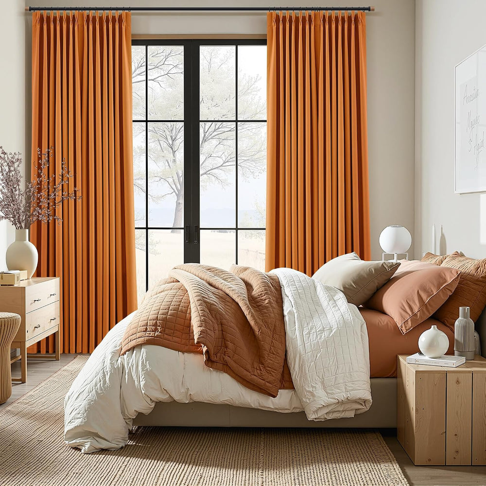 Joywell 100% Blackout Linen Pinch Pleated Curtains 84 in for Bedroom Orange