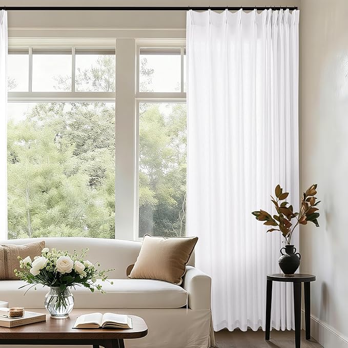 72 Inch Wide 102 Inch Long Sheer White Linen Boho Pleated Curtains by DUKIYO