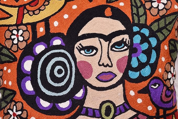 Frida Kahlo Inspired Pillow Cover Orange Mexican Art Pillowcase Eclectic - Image 2