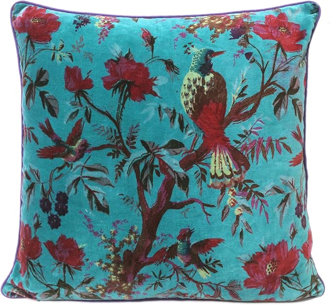 Eyes of India Velvet Floral Flower Bird Throw Pillow Sofa Cushion Cover Case by EyesofIndia