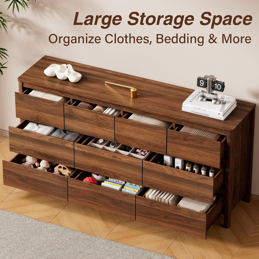 63.1" Wide 10 Drawer Wood Dresser for Bedroom with Legs, Walnut