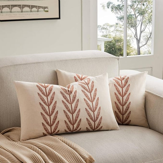 100% Cotton Farmhouse Leaves Lumbar Throw Pillow Covers Set of 2, 12x20 Inch by Unknown