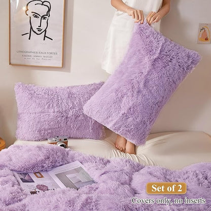 XeGe Faux Fur Lavender Pillow Cases, Plush Shaggy Soft Fluffy Light Purple - Image 2