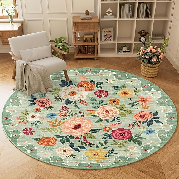 DUKINO Floral Round Rug, 6ft Washable Circle Rug, Non Slip Indoor Low Pile - Image 2