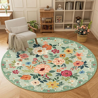DUKINO Floral Round Rug, 6ft Washable Circle Rug, Non Slip Indoor Low Pile - Image 2