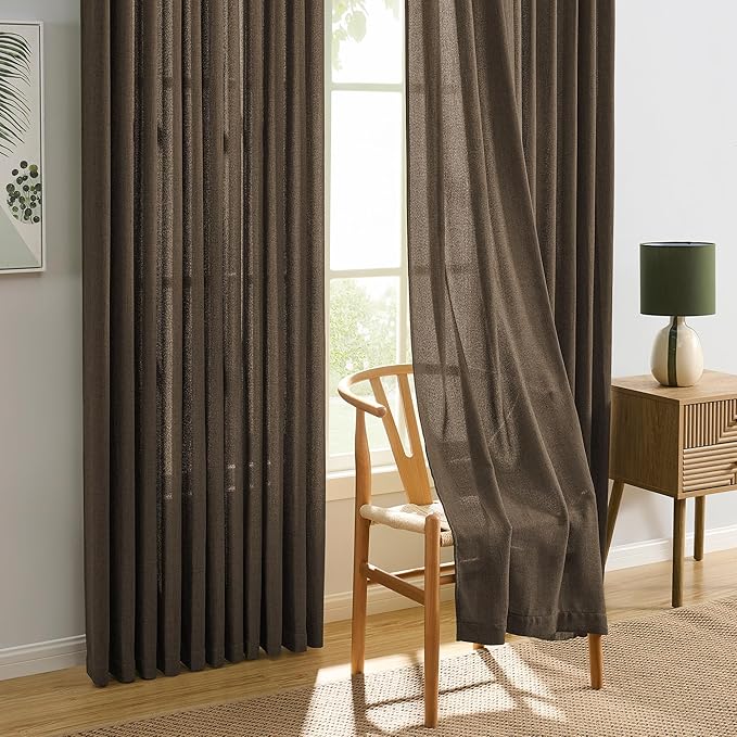 Brown Pleated Linen Curtains 90 Inches Long Farmhouse Semi Sheer Memory Trained - Image 6