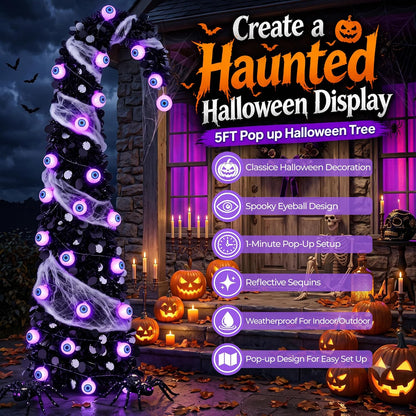 5FT Pop Up Halloween Tree with 35 Purple Eyeball Lights & Spider Web