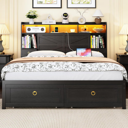 full bed frame with storage headboard, farmhouse platform, main product view