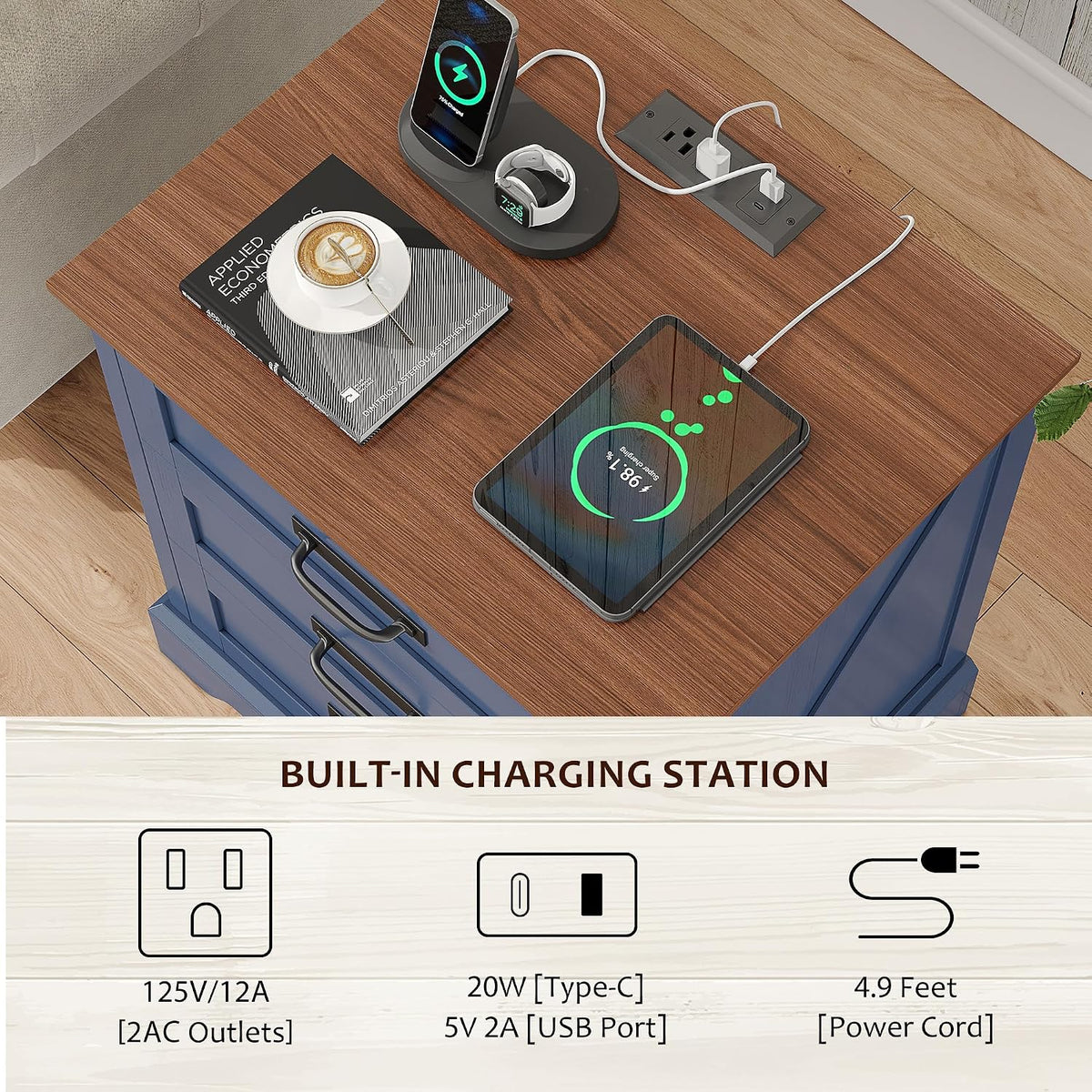 whalefall 3 drawers farmhouse nightstand with charging station, side view