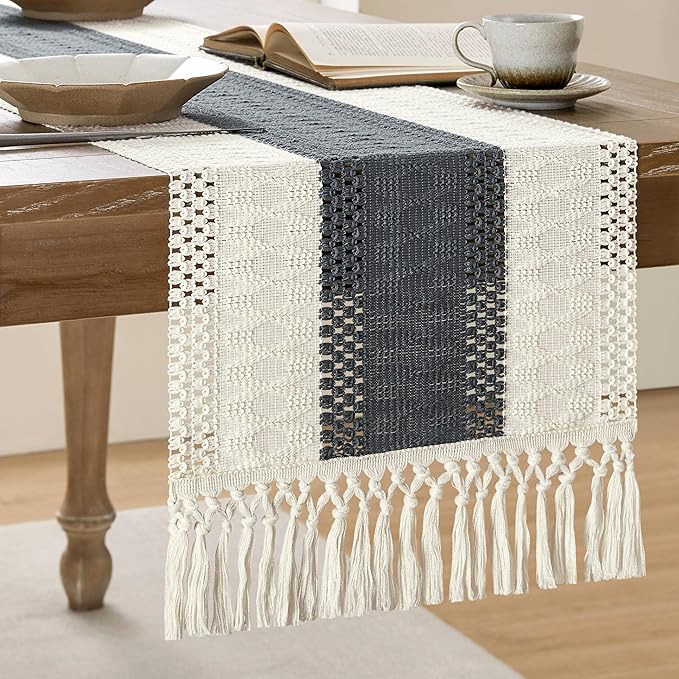 ZeeMart Macrame Style Bicolor Stitching Table Runner, 14 x 90 Inch by ZEEMARTONLINE