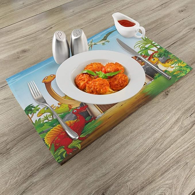 Ambesonne Dino Place Mats Set of 4, Cartoon Style Dinosaurs in a Dino Park - Image 2