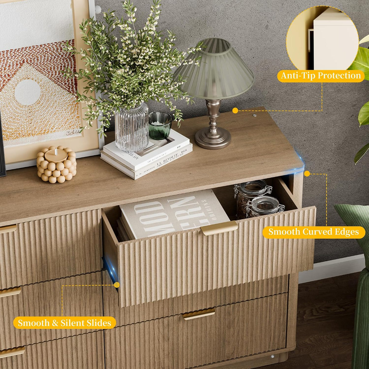 fluted dresser for bedroom with 6 drawers, 54", front angle view