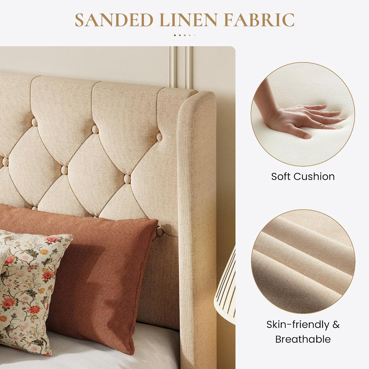 sha cerlin queen upholstered bed frame, button tufted, side view