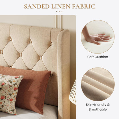 sha cerlin queen upholstered bed frame, button tufted, side view