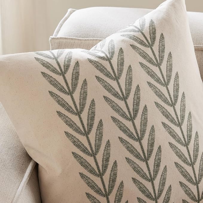 100% Cotton Farmhouse Leaves Throw Pillow Covers Set of 2, 24x24 Inch Green - Image 2