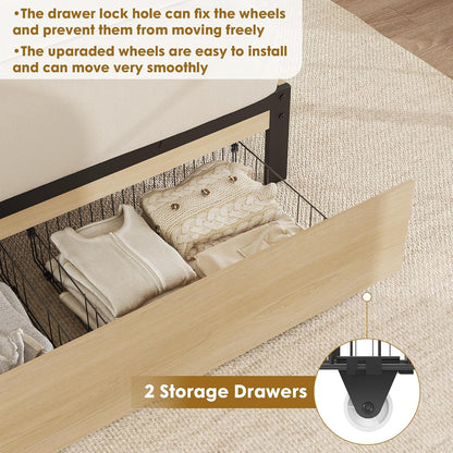 garveehome rattan queen bed frame with 2 storage showing dimensions