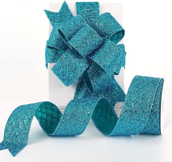 HUIHUANG Turquoise Glitter Wired Ribbon - Image 8