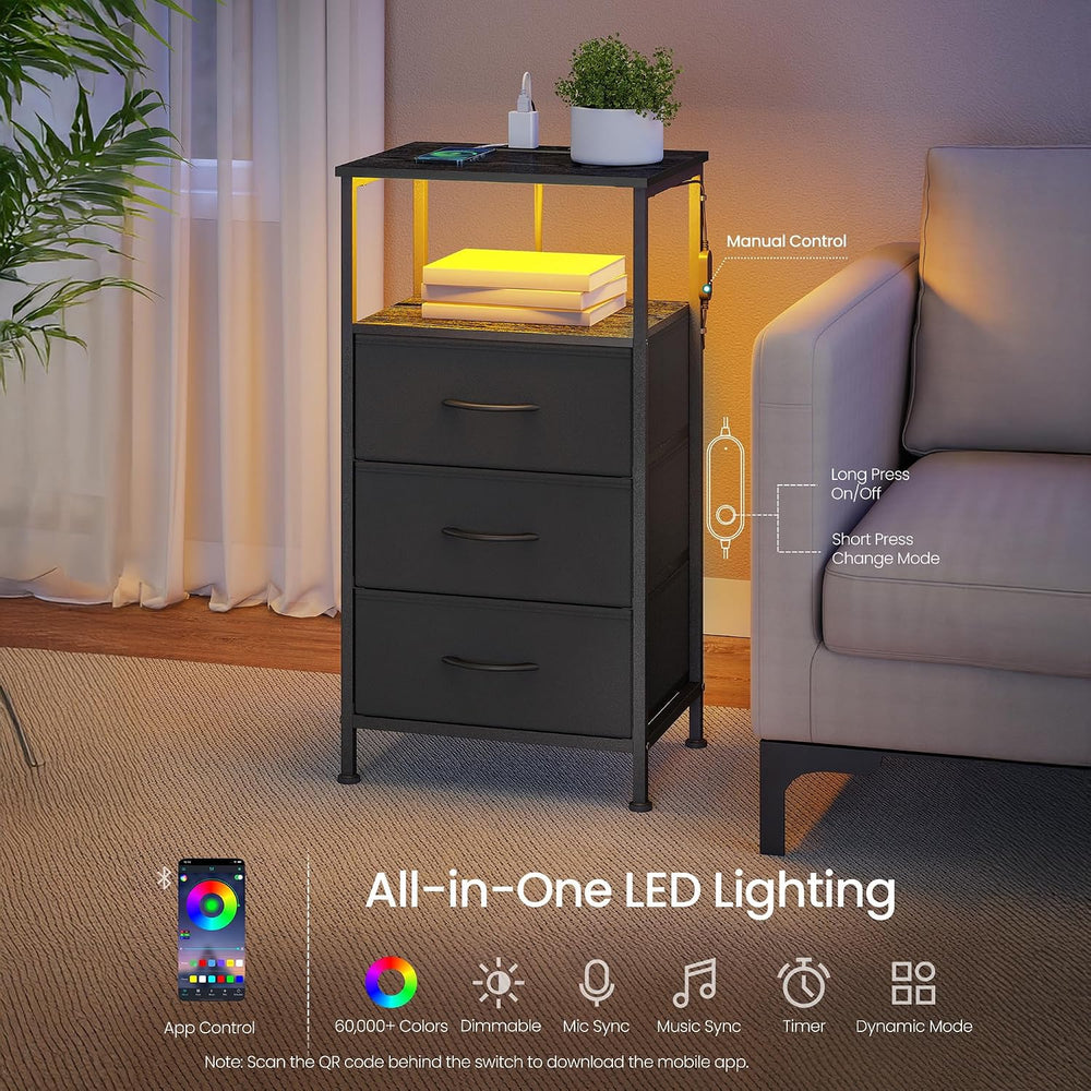 SONGMICS Nightstand with Charging Station, 3 Fabric Drawers